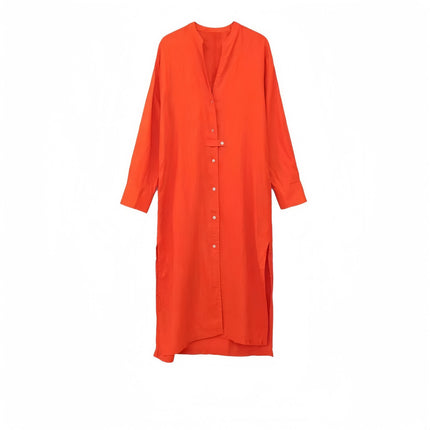 Orange midi shirt dress with V-neck, button front, and three-quarter sleeves