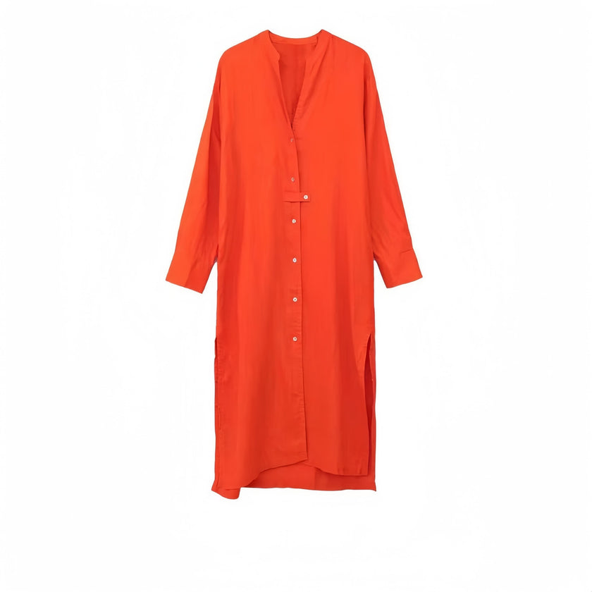Orange midi shirt dress with V-neck, button front, and three-quarter sleeves