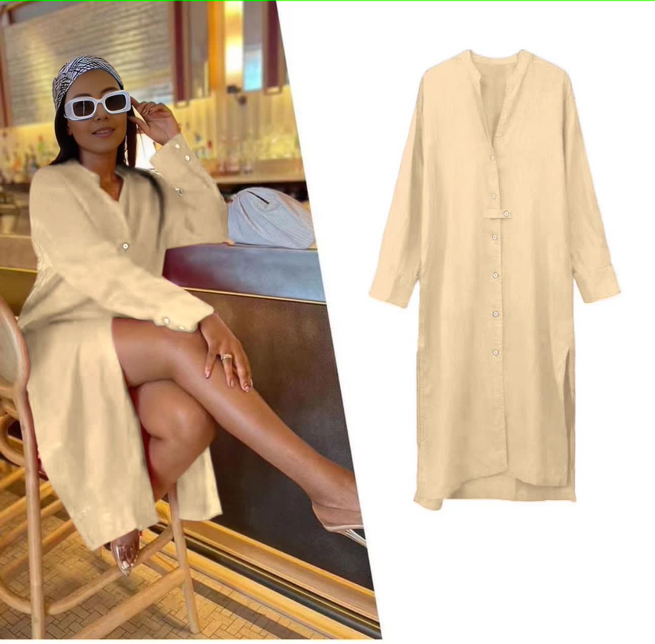 Beige midi shirt dress with V-neck, button front, and three-quarter sleeves