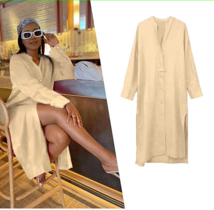 Beige midi shirt dress with V-neck, button front, and three-quarter sleeves