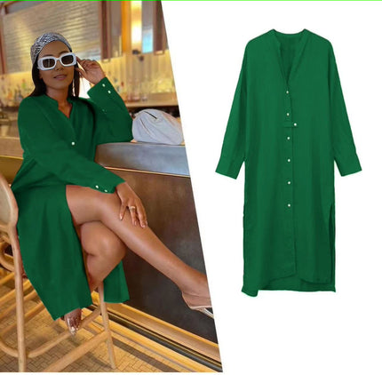 Forest green midi shirt dress with V-neck, button front, and three-quarter sleeves