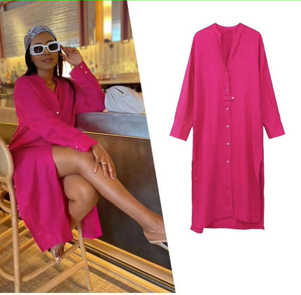 Rose red midi shirt dress with V-neck, button front, and three-quarter sleeves