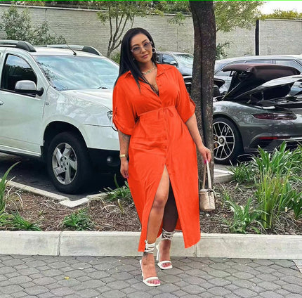 Orange midi dress with V-neck, adjustable waist tie, front slit