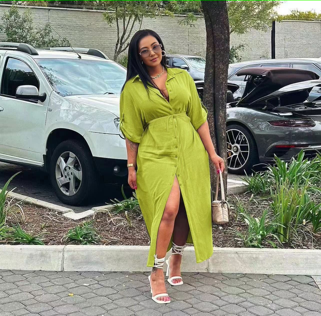 Lime green midi dress with V-neck, adjustable waist tie, front slit