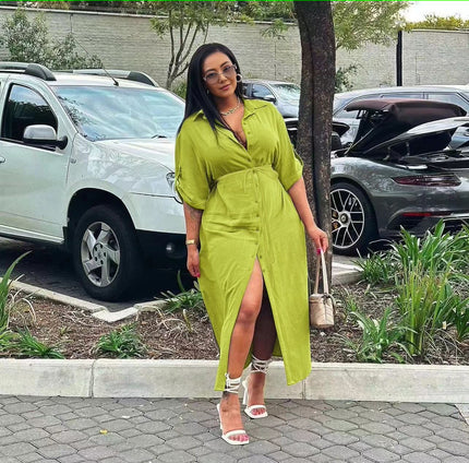 Lime green midi dress with V-neck, adjustable waist tie, front slit