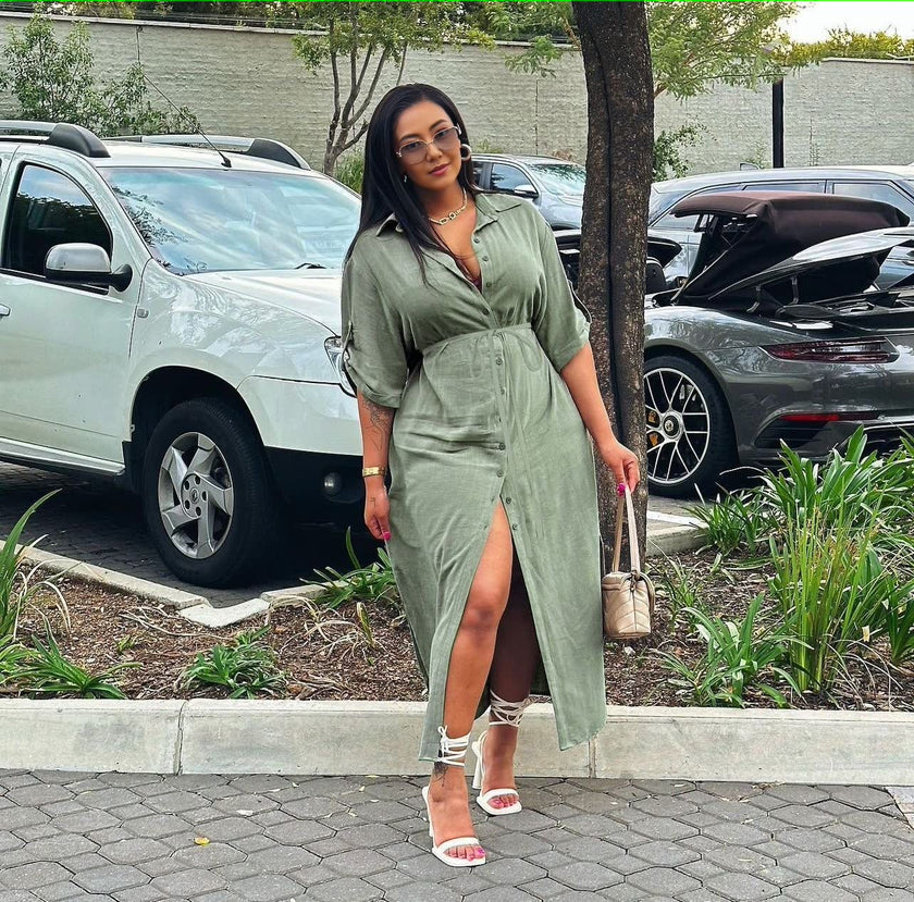 Olive green midi dress with V-neck, adjustable waist tie, front slit