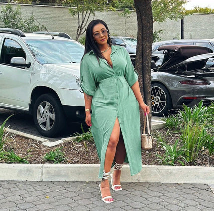 Teal green midi dress with V-neck, adjustable waist tie, front slit