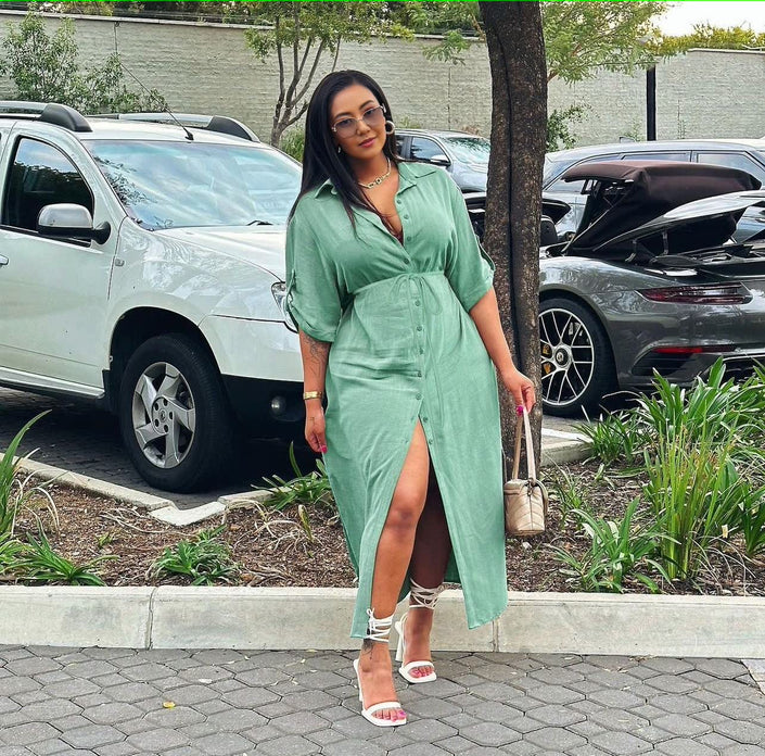Teal green midi dress with V-neck, adjustable waist tie, front slit