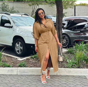 Tan midi dress with V-neck, adjustable waist tie, front slit