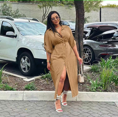 Tan midi dress with V-neck, adjustable waist tie, front slit