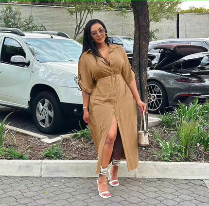 Tan midi dress with V-neck, adjustable waist tie, front slit