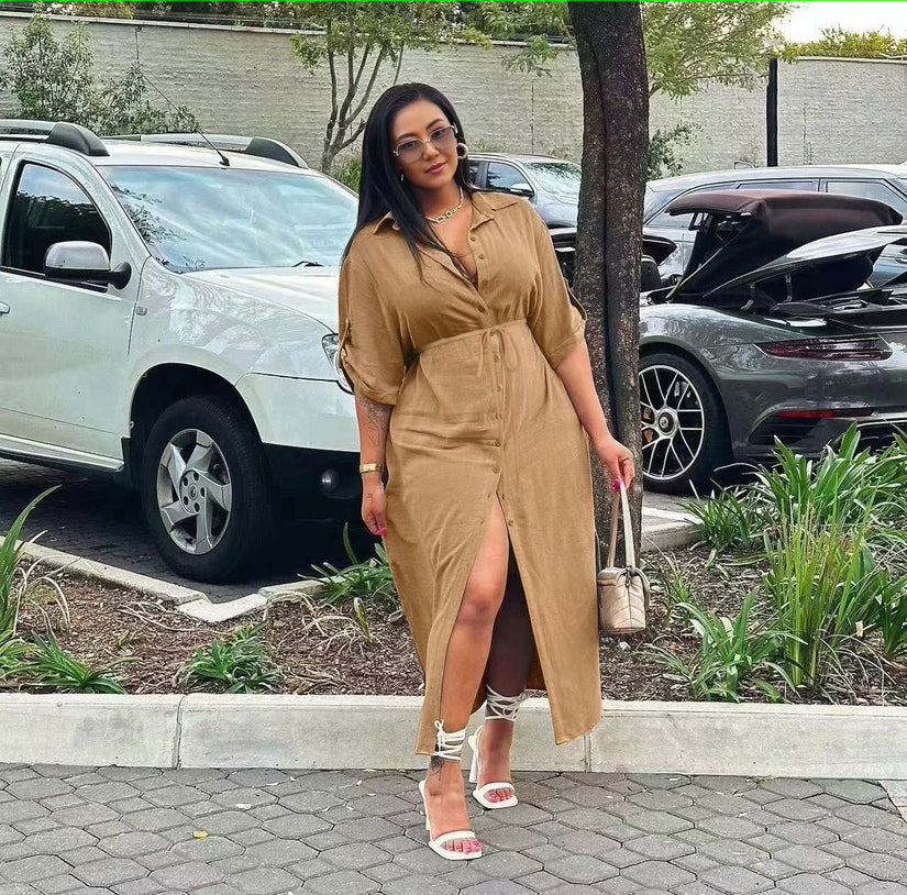 Tan midi dress with V-neck, adjustable waist tie, front slit