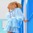 Tiered Ruffle Sheer Dress with Puff Sleeves and Cinched Waist