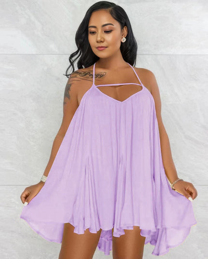 Sleeveless flared dress in light purple with thin straps and V neckline