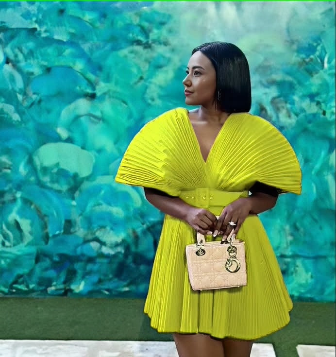 Pleated mini dress with V-neck and pleated puff sleeves, bright yellow-green.