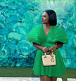 V-Neck Pleated Short Sleeve Flared Dress with Cinched Waist