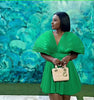 V-Neck Pleated Short Sleeve Flared Dress with Cinched Waist