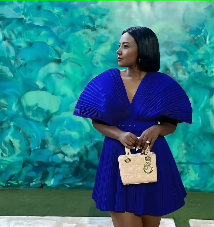 Pleated mini dress with V-neck and pleated puff sleeves, royal blue.