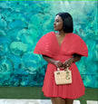 V-Neck Pleated Short Sleeve Flared Dress with Cinched Waist