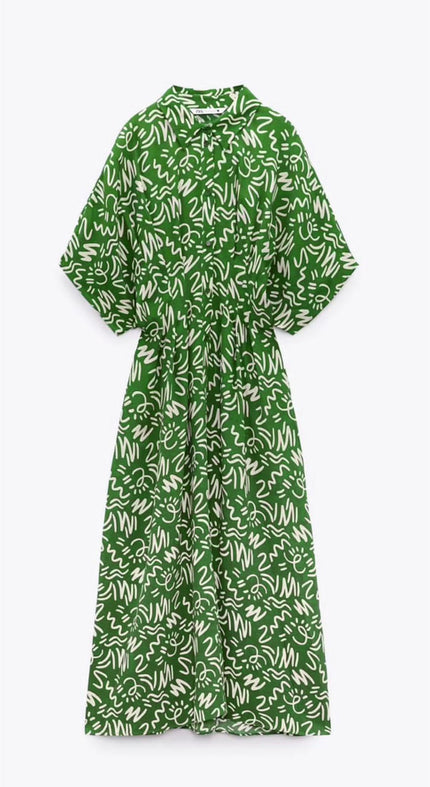 Green printed tie-waist A-line midi dress with relaxed shoulder and gathered skirt