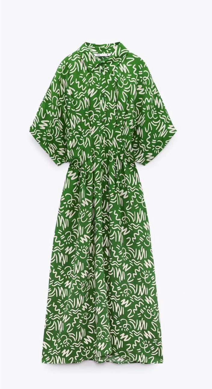 Green printed tie-waist A-line midi dress with relaxed shoulder and gathered skirt