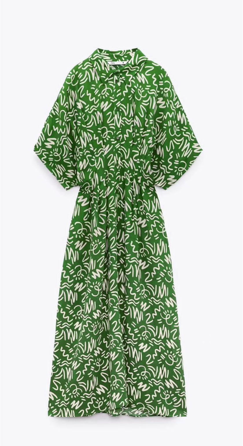 Green printed tie-waist A-line midi dress with relaxed shoulder and gathered skirt