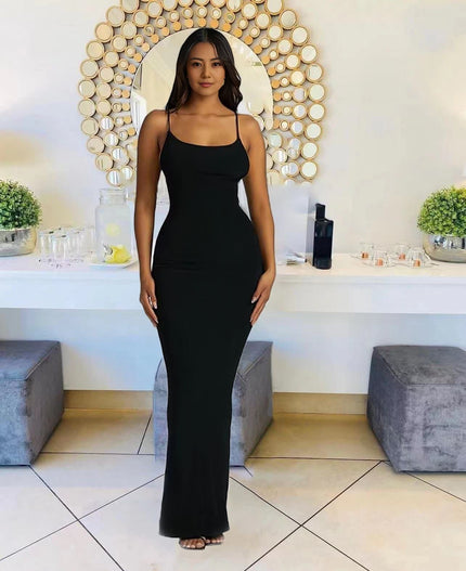 Black sleeveless maxi dress with straight neckline and slim column silhouette.