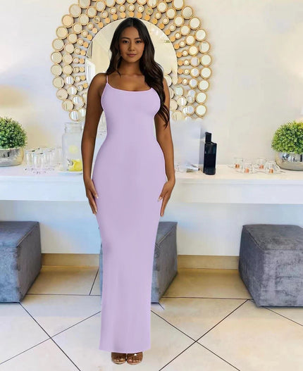 Light-purple sleeveless maxi dress with straight neckline and long fitted shape.