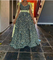 Plus size maxi dress, sleeveless, ruffled floral bodice, gathered skirt