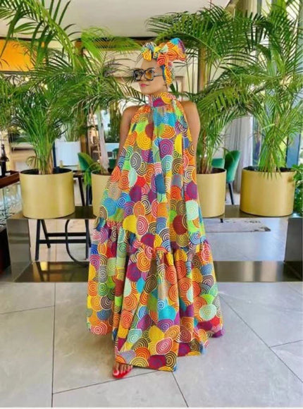 Sleeveless High Neckline A-Line Maxi Dress with Circular Pattern Print
