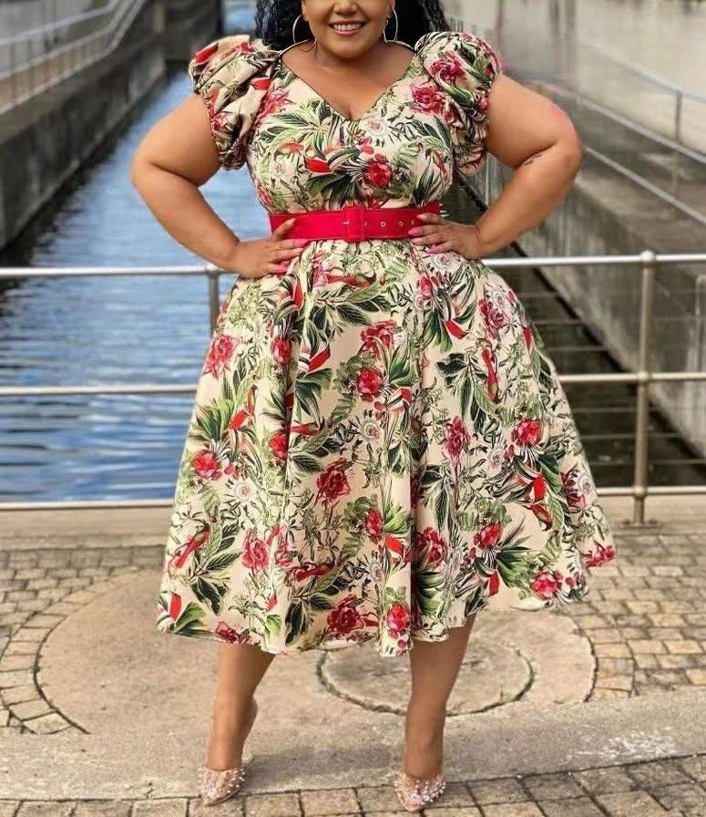 Floral puff-sleeve pleated midi dress with red belt, V-neck, cream base and red/pink blooms