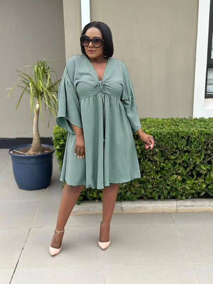 V-Neck Flared Sleeve Cinched Waist Knee-Length Dress