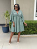 V-Neck Flared Sleeve Cinched Waist Knee-Length Dress