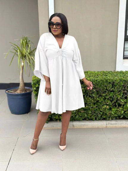 White flared sleeve V-neck dress with drawstring bodice