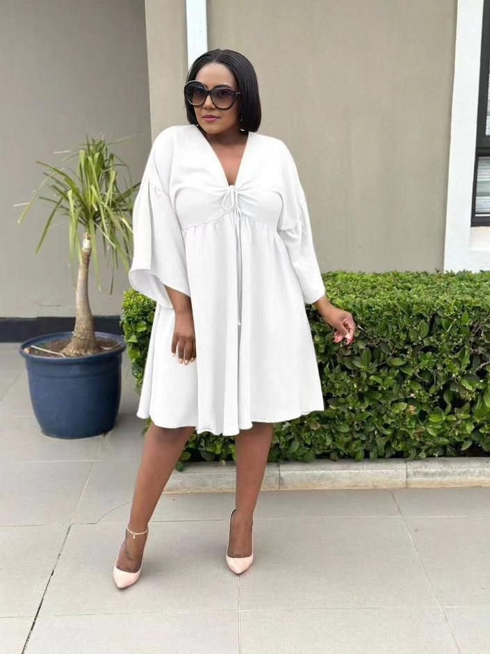 White flared sleeve V-neck dress with drawstring bodice