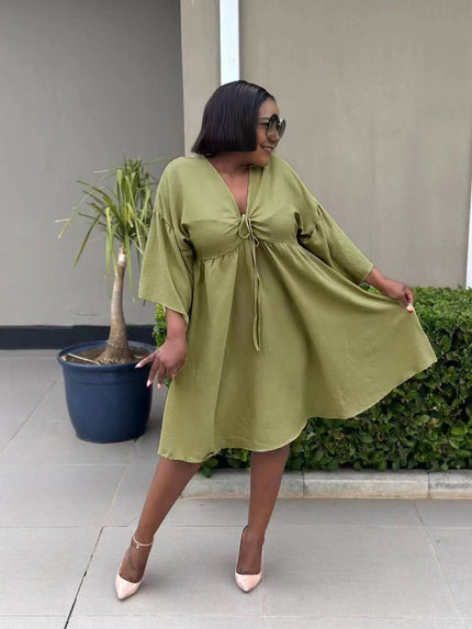 Olive flared sleeve V-neck dress with drawstring bodice
