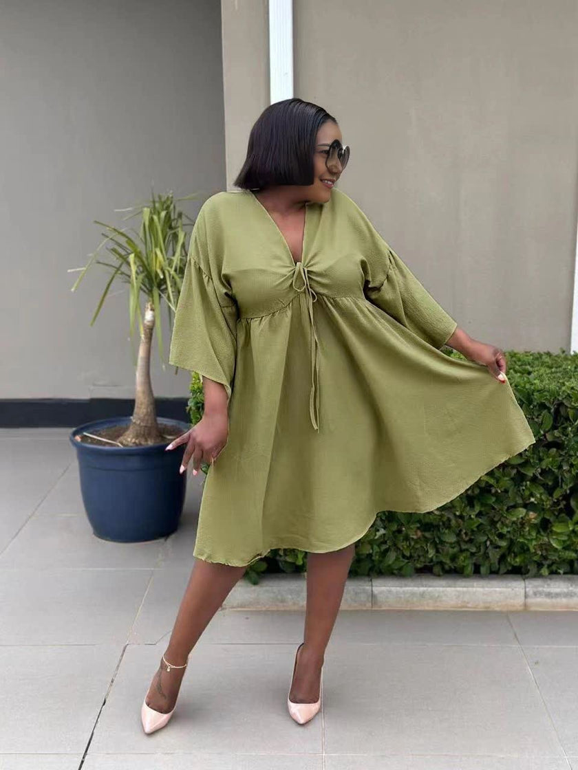 Olive flared sleeve V-neck dress with drawstring bodice