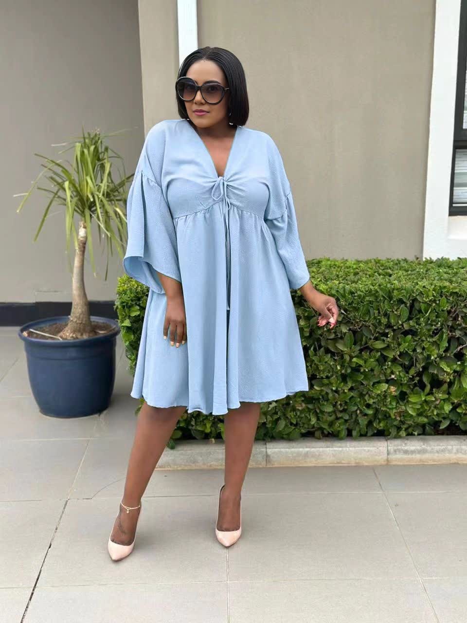 Sky-blue flared sleeve V-neck dress with drawstring bodice