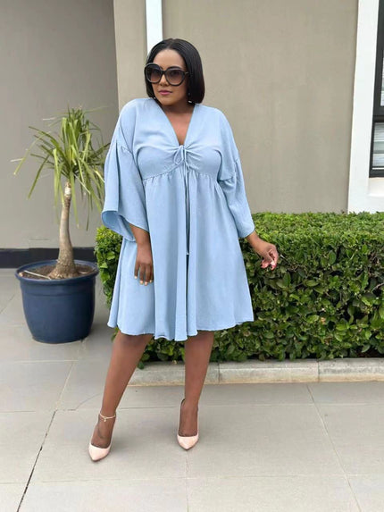 Sky-blue flared sleeve V-neck dress with drawstring bodice