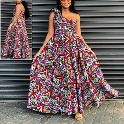One-shoulder A-line maxi dress, sleeveless, vibrant geometric African print, multicolor