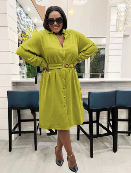 Lime green midi dress with V-neck, long sleeves, button front, belted waist
