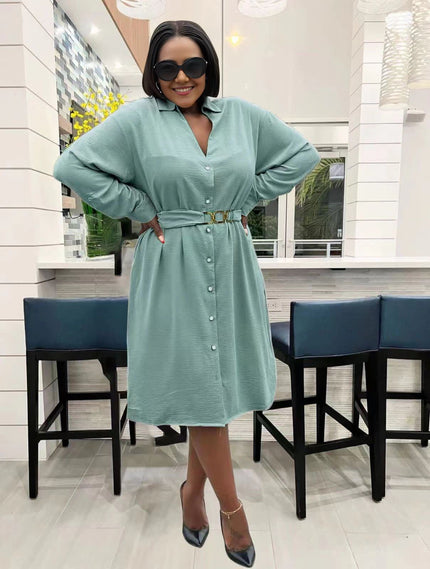 Mint green midi dress with V-neck, long sleeves, button front, belted waist