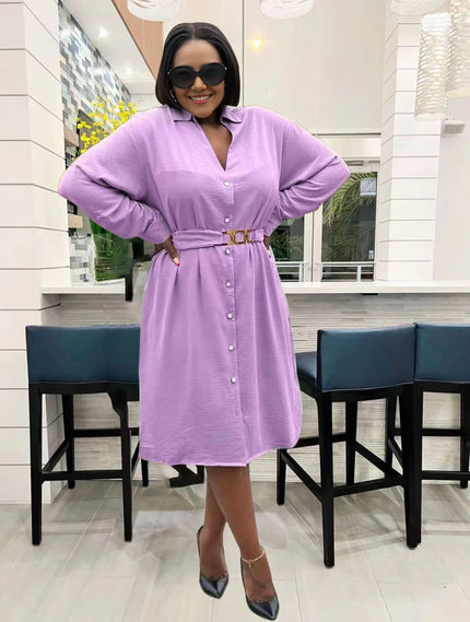 Lavender midi dress with V-neck, long sleeves, button front, belted waist