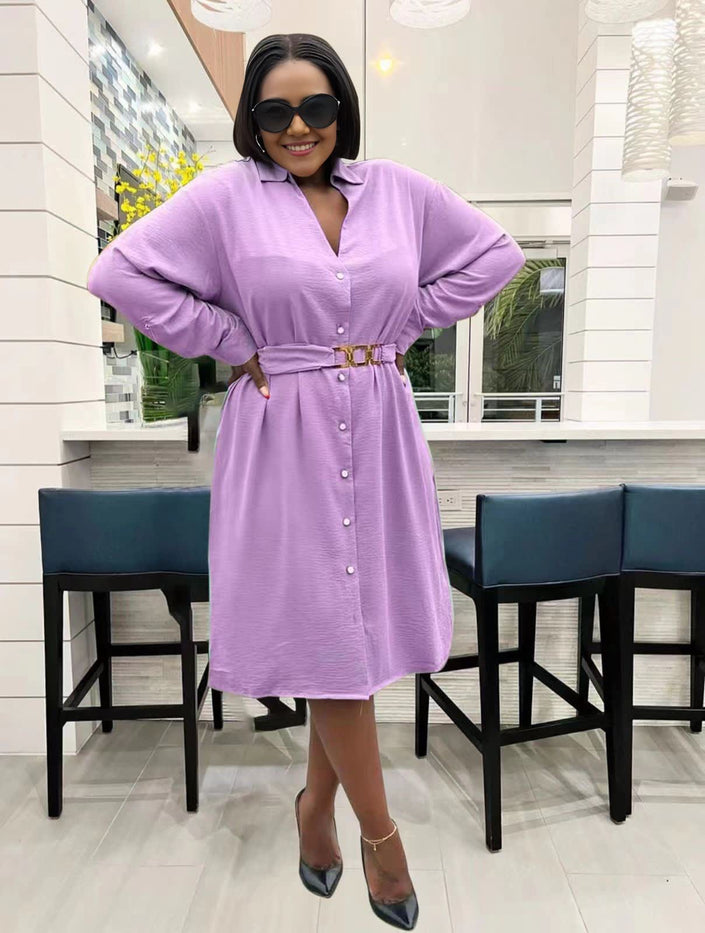 Lavender midi dress with V-neck, long sleeves, button front, belted waist