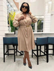 Beige midi dress with V-neck, long puff sleeves, button front, tied belt waist