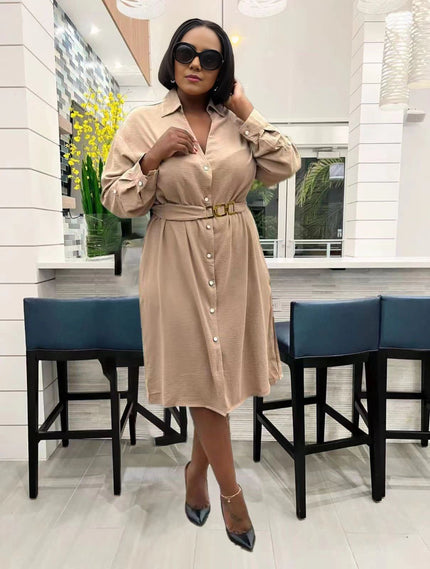 Beige midi dress with V-neck, long puff sleeves, button front, tied belt waist
