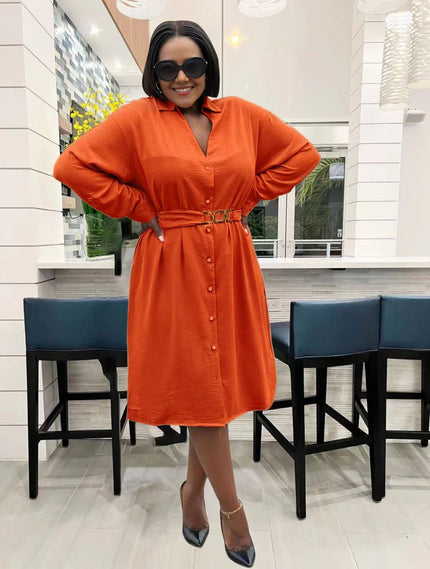 Orange midi dress with V-neck, long sleeves, button front, belted waist