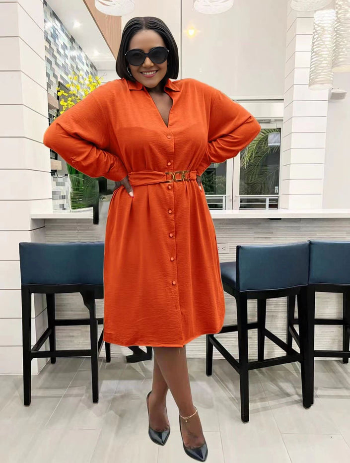 Orange midi dress with V-neck, long sleeves, button front, belted waist