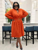 Long Sleeve V-Neck Button Detail Belted Dress
