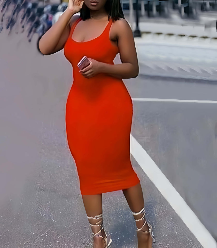 Orange bodycon midi dress with scoop neckline and slim fit, sleeveless